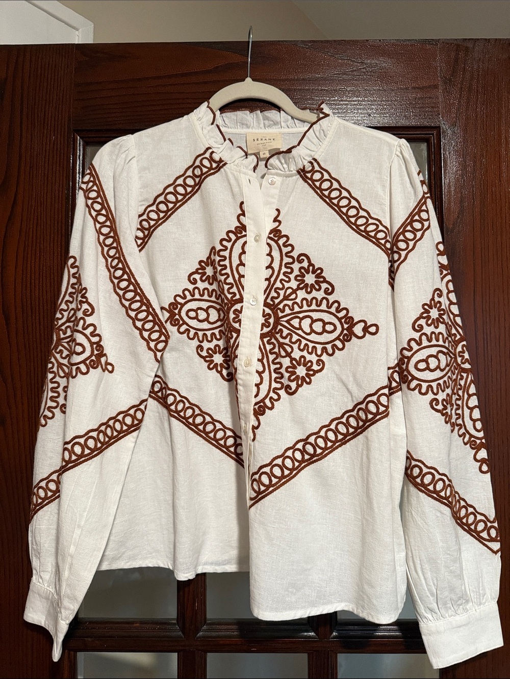 Sezane White Cotton Button-Down Shirt with Brown Embroidered Motifs Size 40